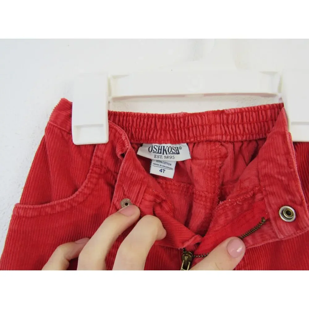 OshKosh 4T Bright Red Flare Corduroy Pants Floral Embroidery Vintage vtg Cotton